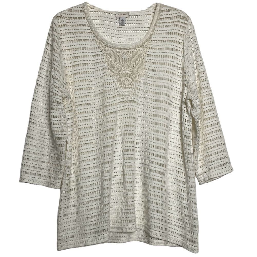 Chico’s Crochet Beaded Top Cream Long Sleeve Resort Wear Cruise Vacation 3 XL
